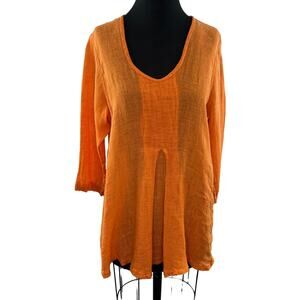 FLAX Orange Tunic Top Linen Scoop Neck Inverted Pleat 3/4 Sleeve Size S Small